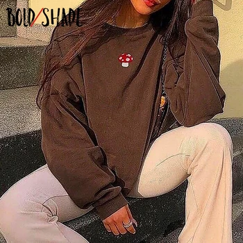 Krepko Odtenek Indie Estetske 90. letih Sweatshirts Y2K Moda Ulične Dolg Rokav Hoodies Grafični Vezenje Crewneck Tan Hoodies