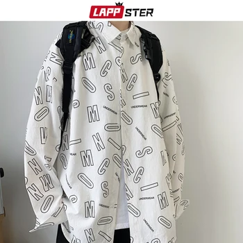 LAPPSTER Moških Pismo Harajuku Prevelike Majice 2020 Jeseni Mens korejski Modnih Long Sleeve Majica Moški Ulične Vintage Oblačila