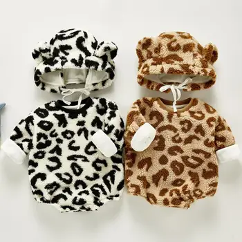 Leopard Natisniti Moda Baby Bodysuit Pozimi Dekleta In Fantje Bombaž Zgostitev Toplo Runo Jumpsuit S Klobuk Malčka, Oblačila, Obleke