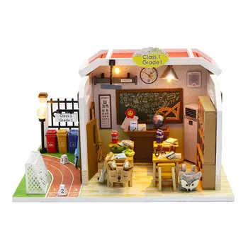 Lesena lutka hiša razredu igrača diy lutke pohištvo otroci pohištvo miniaturne lutka hiše kit poppenhuis lučka hout