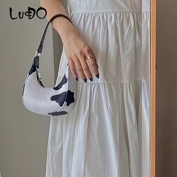 LUCDO Moda za Ženske Mleka Krave Tiskanja Half Moon Ženske Ramo Torbe, Oblikovalec Torbice Luksuzni Pu Usnje Messenger Bag