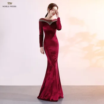 Maturantski ples obleke 2019 temno rdeča morska deklica kristalno prom oblačenja seksi vestidos de gala tla-dolžina prom obleke z dolgimi rokavi