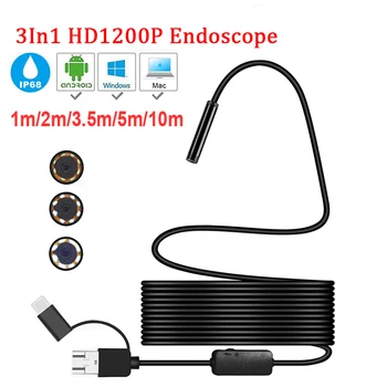 Mini Fotoaparat 3in1 Endoskop HD 1200P 5M Težko Prilagodljiva Cev Mirco USB Tip-C Borescope Video Pregled za Android Avto Endoskop