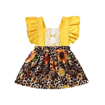 Multitrust 2020 Sestra Ujemanje Oblačila Baby Dekleta Poletje Obleko / Jumpsuits Leopard Sončnično Obleke Otroška Oblačila Nastavi 1-5Y