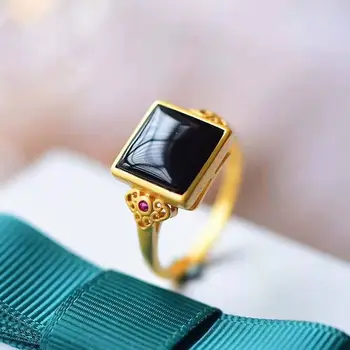 Naravni Jasper kvadratnih geometrijske odpiranje nastavljiv prstan Kitajski slog antične palače slog zlato craft ženske srebrni nakit