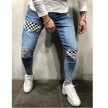 Nova Moda za Moške Jeans Razrezana Raztrgala Traper hlače svinčnik Kavbojke Slim Obliž Hlače Kariran Hlače Elastičnega pasu S-3XL