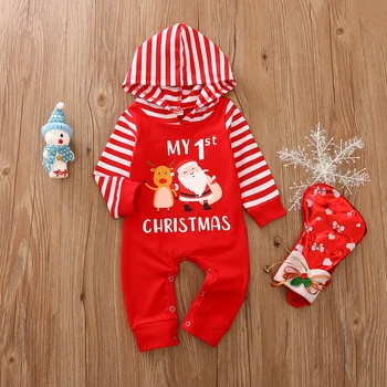 NOVO leto 2020 Moj 1. Božič Oblačila Newborn Baby Fantje Dekleta Hooded igralne obleke z Dolgimi Rokavi Prugasta Tiskanja Jumspuit Božič Oblačila 0-12M
