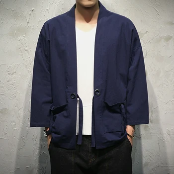 Novo mens Japonskem Slogu Kimono Suknjič Bombaž&Perilo Svoboden Jopico moški Priložnostne barva 3/4 Rokav Plus Velikost Plašč Windbreaker 5XL