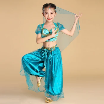 Noč Čarovnic, Božič Otroke Ples Trebuh Jasmina Princesa Kostume Otroci Bollywood Kostum 3 Kos Set Top Hlače Veils