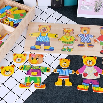 Otroška igrača Komplet Dojenček Izobraževalne Tabela igro Bear Menjava Obleke Oblačenje, lesene Sestavljanke Uganke, Lesene Igrače za Otroke