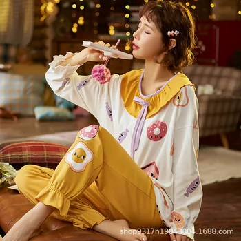 Pižamo Žensk v korejskem Slogu Sladko in Srčkan Princesa Slog Pižamo Bombaža Dolgo sleeved Študent bo Ustrezala Udobno Ženske Sleepwear