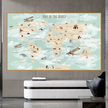 Platno Slikarstvo Pisane Živali Letalo Zemljevidu Sveta Plakat Plakat in Fotografij Wall Art Cuadros za Dom Otroci Soba Dekoracijo