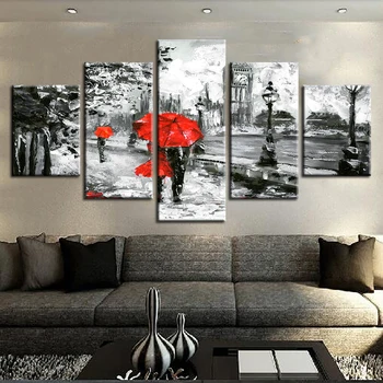 Platno Stensko Slikarstvo Umetniške Grafike 5 Kosov Rdeči Dežnik Ljubimec Plakat London Street Dež Prikaz Slik Dnevna Soba Retro Doma Dekor