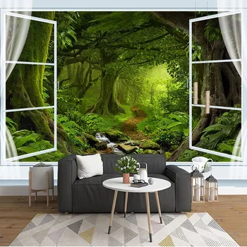Po meri vseh Velikosti Zidana Ozadje Okna 3D Zelena Drevesa, Gozdne Krajine, Narave Pokrajino Stensko Slikarstvo Dnevna Soba De Papel Parede