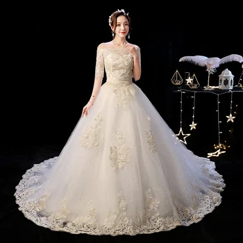 Poročna Obleka 2021 Elegantno Čoln Vratu Zamah Vlak Princess Poroka Oblek Šampanjec Čipke Plus Velikost Poročne Obleke F