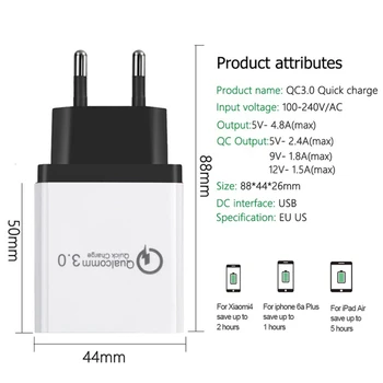 QC3.0 USB Potovalni Polnilnik Za iPhone, Samsung Hitro Polnjenje QC3.0 Hitro Polnjenje QC 3.0 NAS EU Multi 3 Port Adapter za Polnilnik Telefona