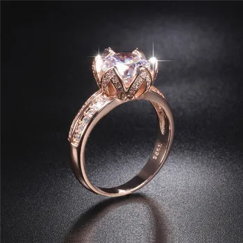 Resnično Trdnih 925 Sterling Silver & Rose Zlata, lotosov Cvet, Obroči za Ženske Luksuzni Poroko 2ct Diamantni Prstan prst Nakit
