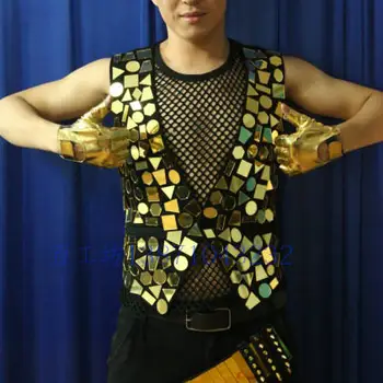 Seksi Moški plašč fazi ogledalo kostum Akril zlato reflektivni objektiv telovnik moški pevec gost DIY ples DS kostumi