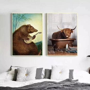 Smešno Medved igranje kitare Krava Kopanje platno slikarstvo Živali Oljna slika Na Platnu Wall Art Soba Dekoracijo Sliko Za Domov