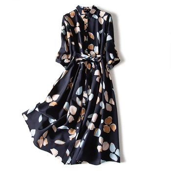 Vintage Natisnjeni River Žensk Obleko Eleganten Modni Visoko Pasu Mid-dolžina Obleke Ženska 2021 Pomlad Poletje Svoboden Lady Vestidos