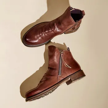 Vintage Ročno Izdelan Modni Moški Čevlji Zip Tassel Vrh Kakovosti Moški Usnjeni Škornji Zahodni Britanski Vojaški Škornji Motocikel Boot
