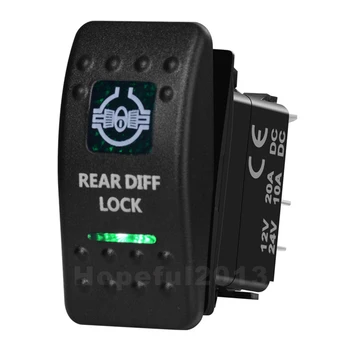 Zadnji Diff Lock 5 Pin Na Izključeno Zelena Led Osvetljen Natisnjeni Rocker Switch za Avto, Čoln Tovornjak 12v 24v SPST Nepremočljiva