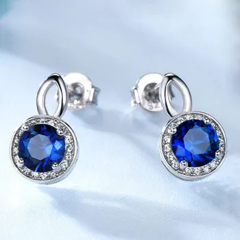 Čisti 925 Sterling Srebrna Sapphire Uhani Za Ženske, Modro Gemstone Okrogle Uhane Stud Mode Fine Nakit Darilo