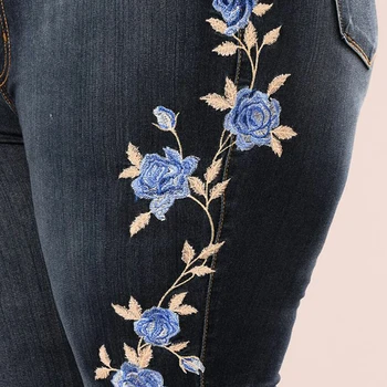 Ženske Blue Rose Vezene Jeans ženska Skinny Jeans Dekle Slim Tiskanja Hlače Visoko Pasu Seksi Svinčnik Hlače Plus Velikost
