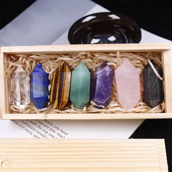 1set Leseni škatli Sedem Chakela kristalno Dekorativne Naravne Ročno Izrezljane Dvojno kristalno točk quartz palico steber za zdravljenje Palico