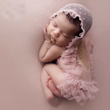 2 pc Novorojenčka Fotografija Dodatki Set Baby Obleko Pika Čipke Klobuk Otroška Fotografija Rekviziti Dekle Romper Studios Oblačila Fotografijo Ustrelil