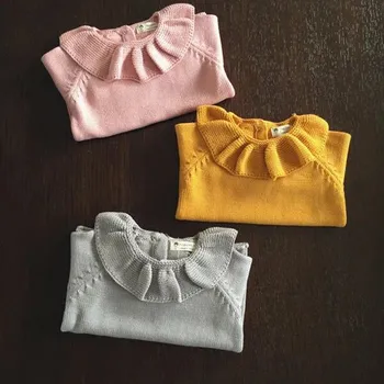 2018 nove otroci pletenine baby dekleta ruffles Pleteni puloverji malčka otrok Lotus Listov Ovratnik, pulover, oblačila, zunanji obrabe