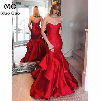 2018 Rdeča morska deklica Večerne Obleke Dolgo Ljubica Ruffles Saten Prom oblačenja za najstnike Formalno Večerno Obleko za Ženske