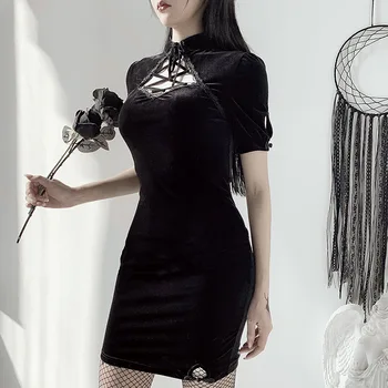 2020 Novo Črno gothic lolita Cheongsam Obleke Ženske, Harajuku Pomlad Poletje kratek rokav Votlih Si Obleko suh mini obleka
