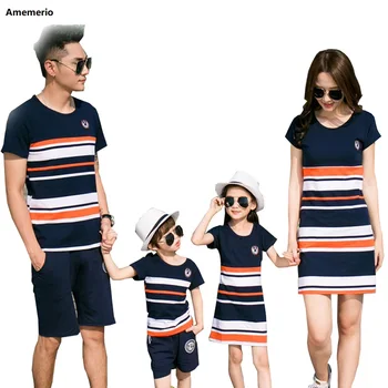 2020 Poletje Prugasta T-shirt Obleke, Mati In Hči Obleke In Oče Sina Baby Boy Girl Družino Ujemanje Družino Obleke