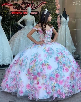 2021 Quinceanera Obleke Žogo Obleke 3D Cvetlični Flowrs Sweet 16 Obleko Dolžina Tal Pisane Zabuhle Stranka Obleke vestidos de 15 años