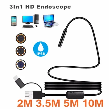 3-v-1 IP68 1200P Android 8 MM Micro USB Tip-c USB Računalnik Endoskop Borescope Cev Nepremočljiva Pregled Mini Video Kamero