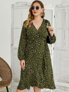 4XL Oversize Ženska Obleka 2020 Nove Dolg Rokav Leopard Tiskanja Obleke za Ženske Plus Velikost Cvetlični Obleke, Casual Svoboden Zelena Obleka