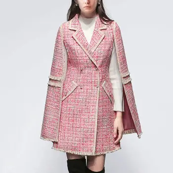 Abrigo tweed con fragancia pequeña par mujer, abrigo de lana rosa con doble botonadura ajustada de mezcla de lana