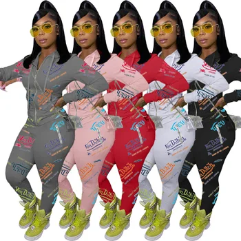 Aktivno Pismo Tiskanja Elastična Sweatsuit Dve Sklop 2 Kos Ženske Fitnes Obleko Hooded Track Suknjič + Hlače Komplet Trenirka