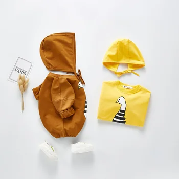 Angoubebe B20H14 2 Kos Novorojenega Dojenčka Baby Dekleta Oblačila, ki Gos Tiskanja Romper Bodysuit +Sunsuit Klobuk Mehko Udobje