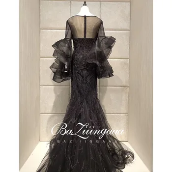 BAZIIINGAAA Luksuzni Čipke Črno Večerno Obleko O-vratu Ruffle Rokav Design Formalnih Obleke, Večerne Obleke Royal Črna Obleka