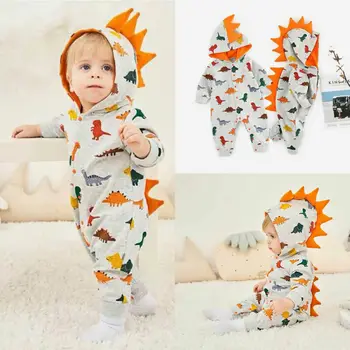 Blagovne znamke baby boy, girl obleke baby romper pozimi pudcoco kostum hooded jumpsuit Risanke 3D Dinozaver 0-24M Risanka Padec Ladijskega prometa