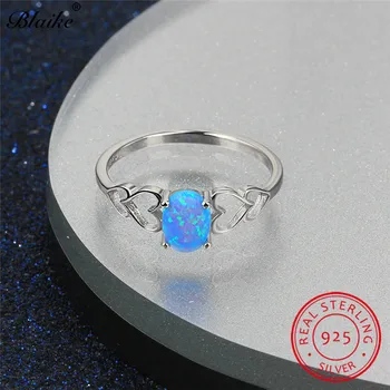 Blaike Elegantne Ovalne Opals Srce Obroč Fine Nakit Pristen 925 Sterling Silver Blue Fire Opal Birthstone Poroko Pasovih Darila