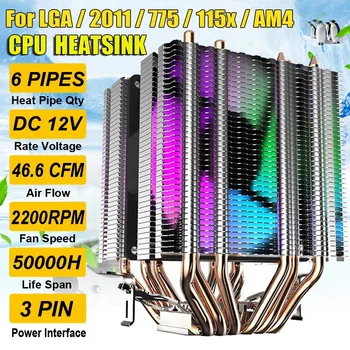 CPU Hladilnik 6 Toplotne Cevi Heatsink z 90 mm Mavrica LED Ventilator 3pin Računalnik CPU Hlajenje Za LGA/2011/775/115x/AM4