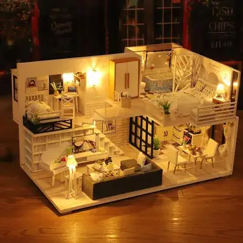 Diy Miniaturni Lutke S Pohištvo Kompleti Diy počitniška hiša Hiša Z Model Ročno izdelana Led Lutka Gradnjo Hiše Svetlobe Otrok N3G5