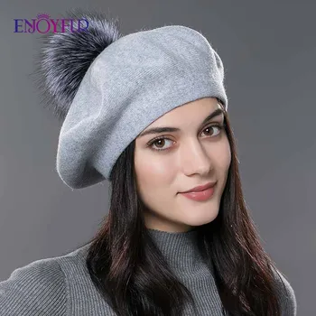 ENJOYFUR Ženske baretka klobuk ženski zimski pletena volnena baretka naravnih rakun, lisica krzno pompom klobuk barva vrh kakovosti baretka skp