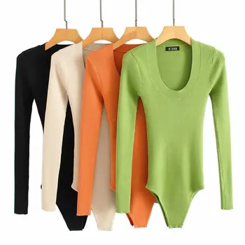 Enodelne ženske Pletene Trdna U vratu dolg rokav črna, zelena, oranžna, bež obleka, bodycon jumpsuit