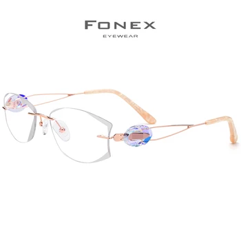 FONEX Žice Titana Rimless Očala Ženske Ultralahkih Luksuzni Diamond Trim Recept Optična Očala Okvir Očal 973
