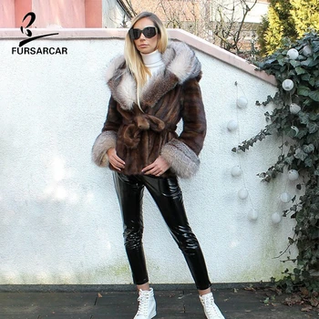 FURSARCAR 2020 Nov Modni Pravi Mink Kotlovec Suknjič Z Amber Fox Kapuco Zimske Ženske Razkošje Prave Narave Mink Krzno Kratek Coats