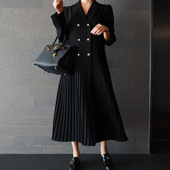 GETSRING Ženske Obleke Dvojno zapenjanje Šifon Nabrano Obleko za Ženske Črna Svoboden Plus Velikost Vintage Obleko Dolgo 2018 Nova Moda